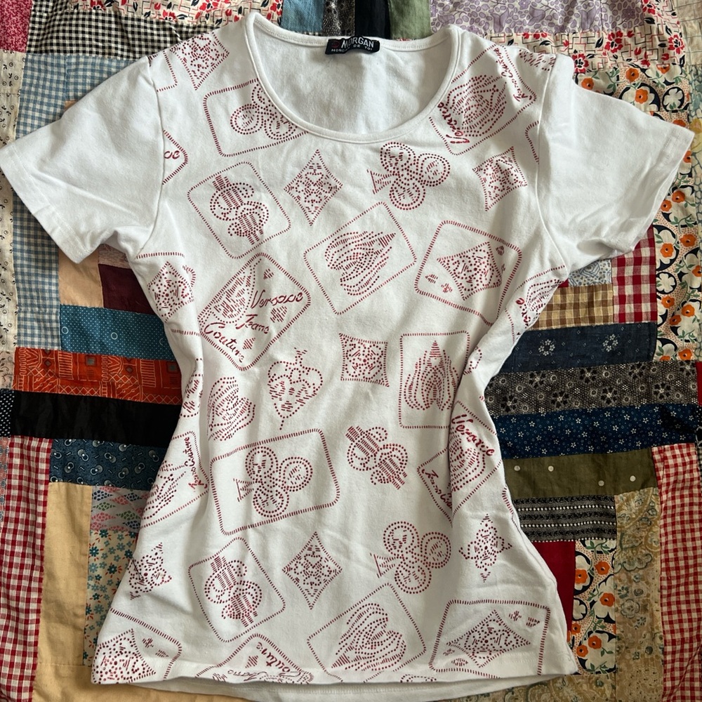 Y2K Morgan de toi white baby tee casino cards